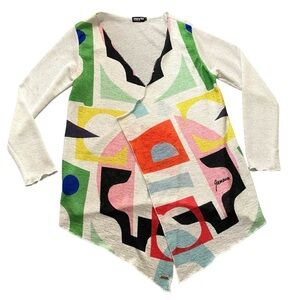 Mayta Colorful Artsy Print Cotton Knit Cardigan Sweater Asymmetrical Dopamine